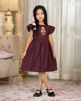 Deep Plum Embroidered Flutter Sleeve Frock for Baby Girls
