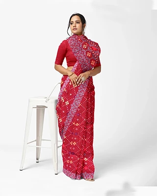 Flickere Outfit-Crimson Red Floral Motif Half Silk Saree
