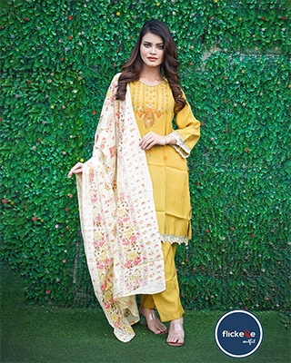 Mustard yellow Embroidered Cotton Three-Piece Suit with Magenta Organza Dupatta-FLK-07