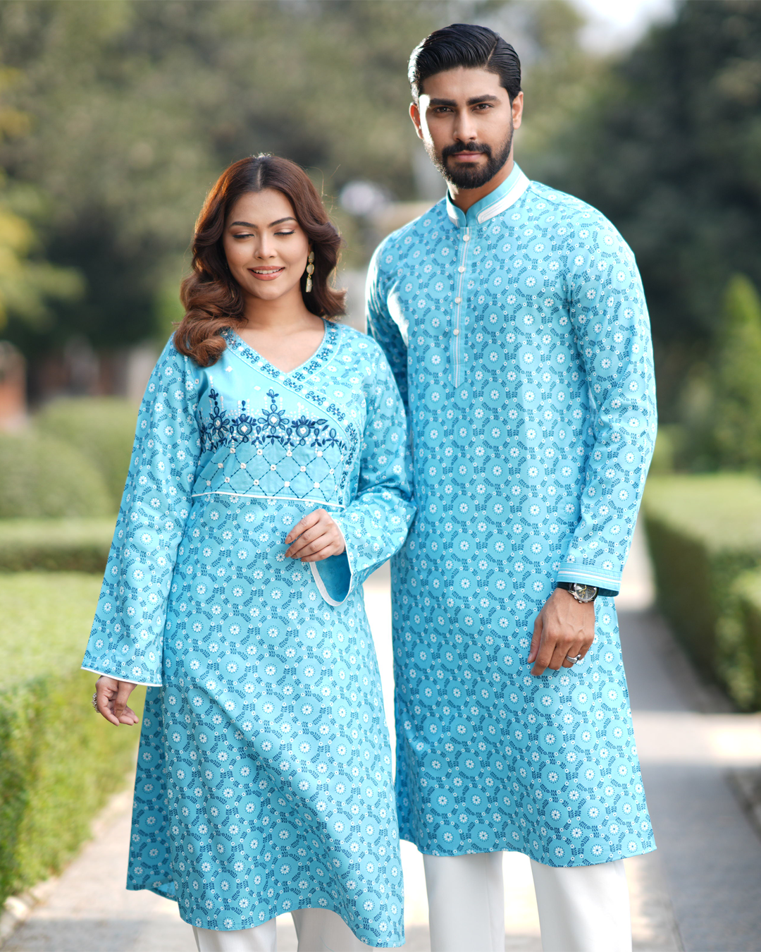 Sky Bloom Matching Couple Set - Light Blue Panjabi & Kurti - EEW-FC-2002A