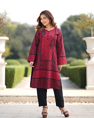 Dark Red Floral Printed Kurti Set-EEW-FC–2001B