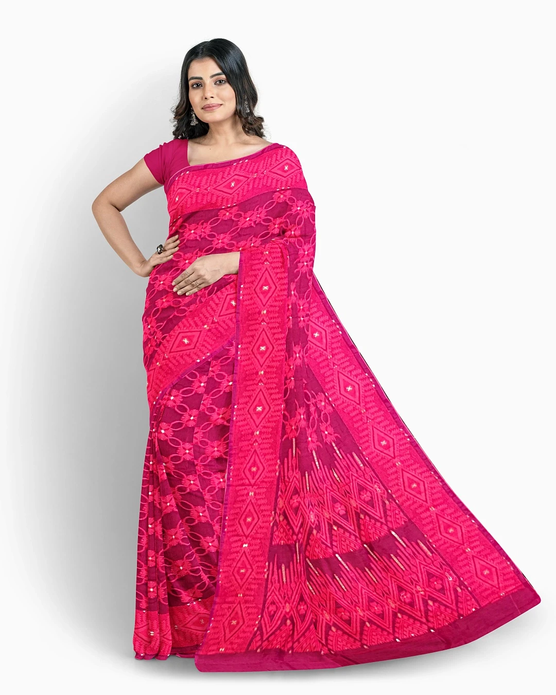 Bold Pink Geometric Charm – Flickere Outfit Half-Silk Saree