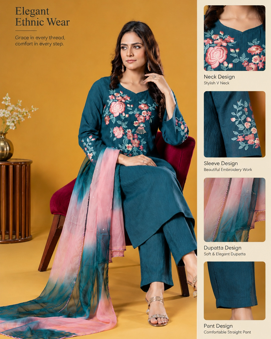 Alizeh Teal Green Floral Embroidered Popcorn 3 Piece Suit with Ombre Dupatta