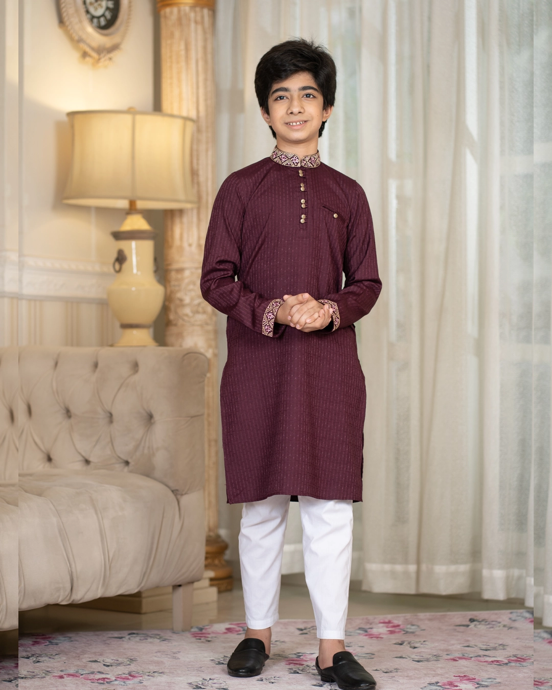 Premium Deep Plum Embroidered Boys Panjabi
