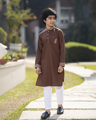 Baby Boys' Coffee Brown Panjabi with Ornate Embroidery - EEW-FC- 2004A