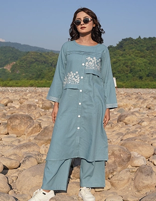 Name: Light Blue Asymmetric Floral Embroidered Co-ord Set(LES-1915B)