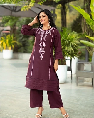 Elegant Couple Set: Women's Embroidered Kurti with Palazzo  - Maroon Edition