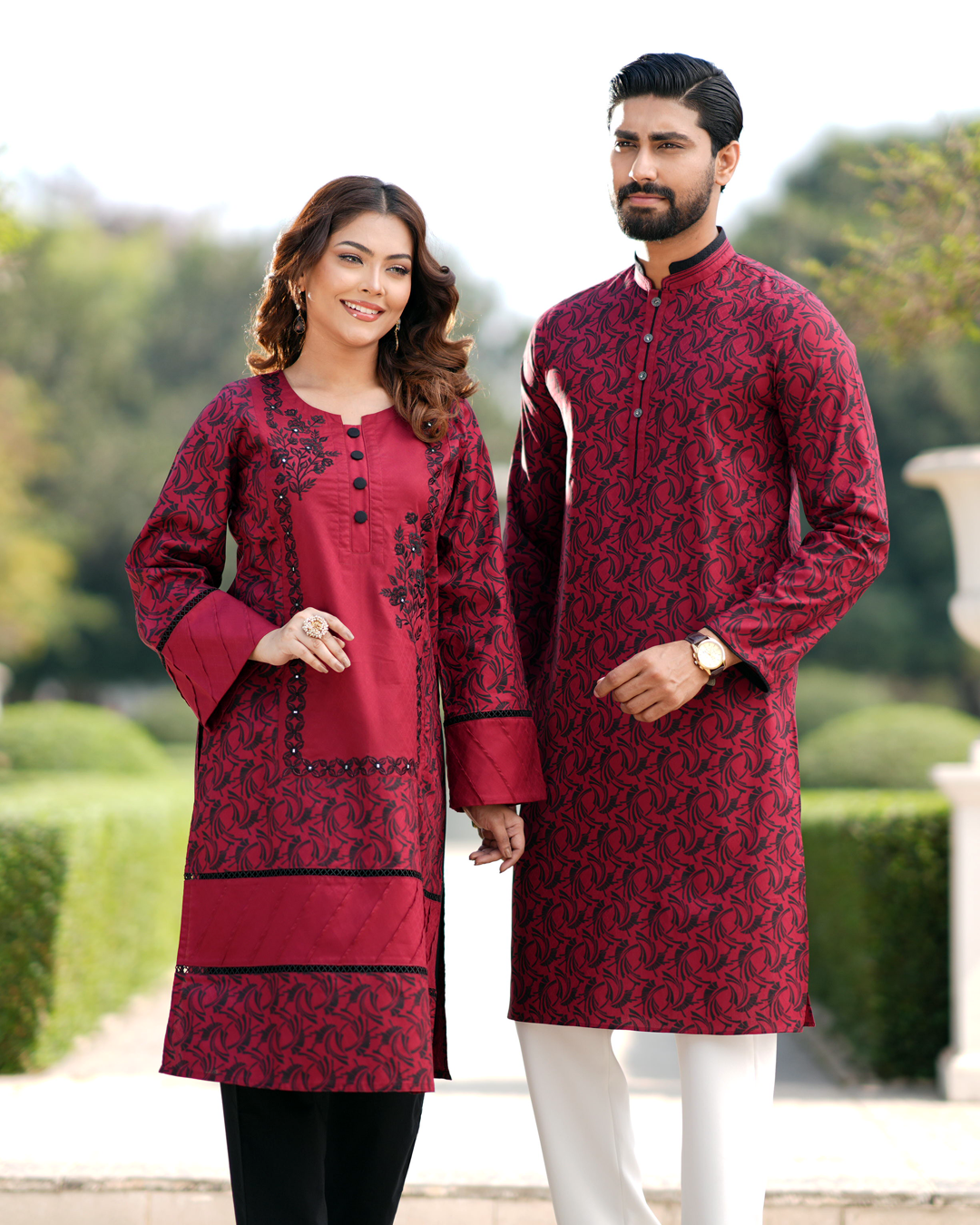 Deep Maroon & Black Floral Matching Couple Set – EEW-FC–2001B