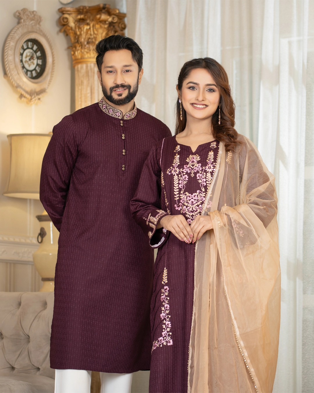 Royal Plum Embroidered Cotton Tencel Matching Couple Set (Panjabi & Kurti-Dupatta)