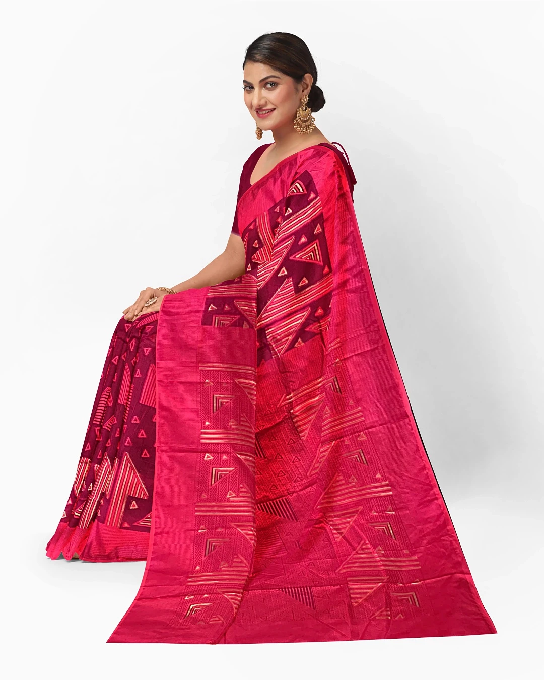 ink & Maroon Geometric Embroidered Half-Silk Saree – Flickere Outfit