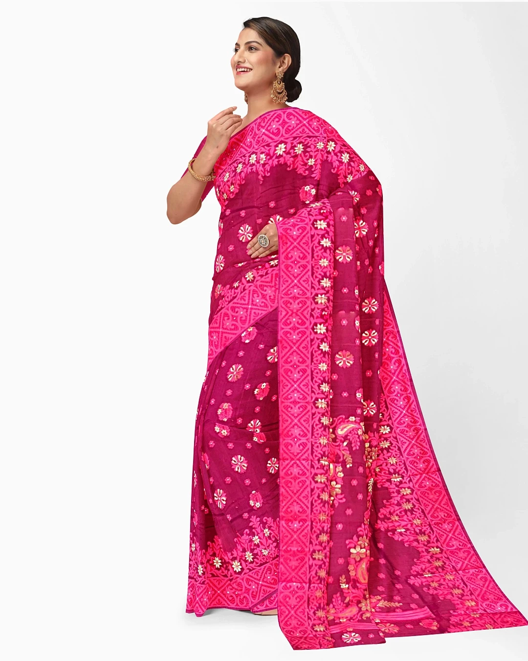 Flickere Outfit Magenta Rose Floral Half-Silk Saree