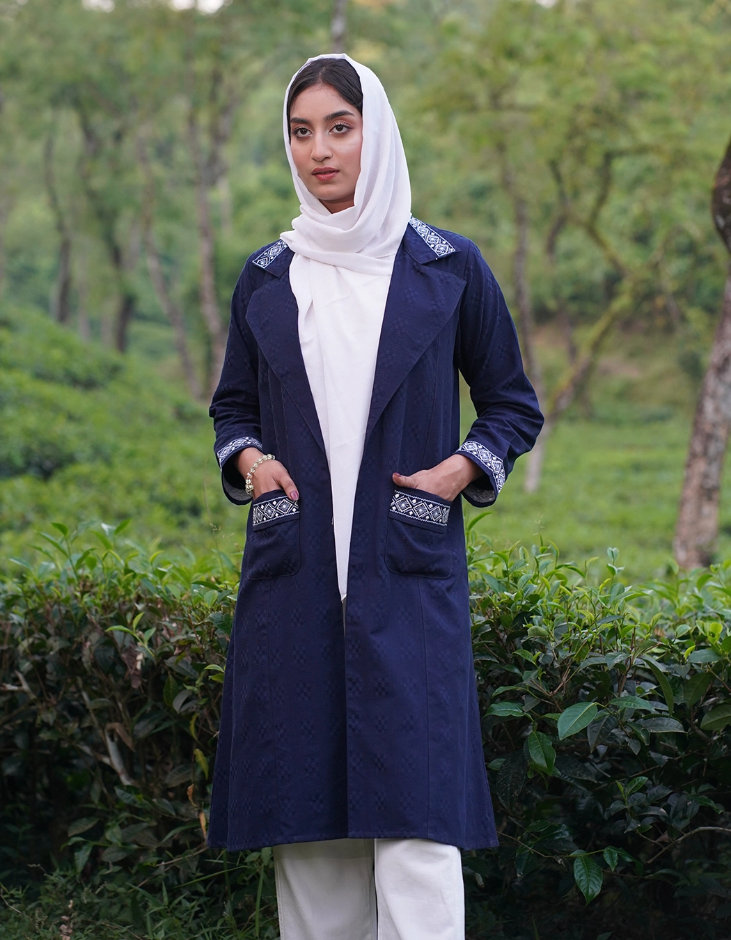 Navy Blue Geometric Embroidered Coat-Style Shrug (LES-1925B)