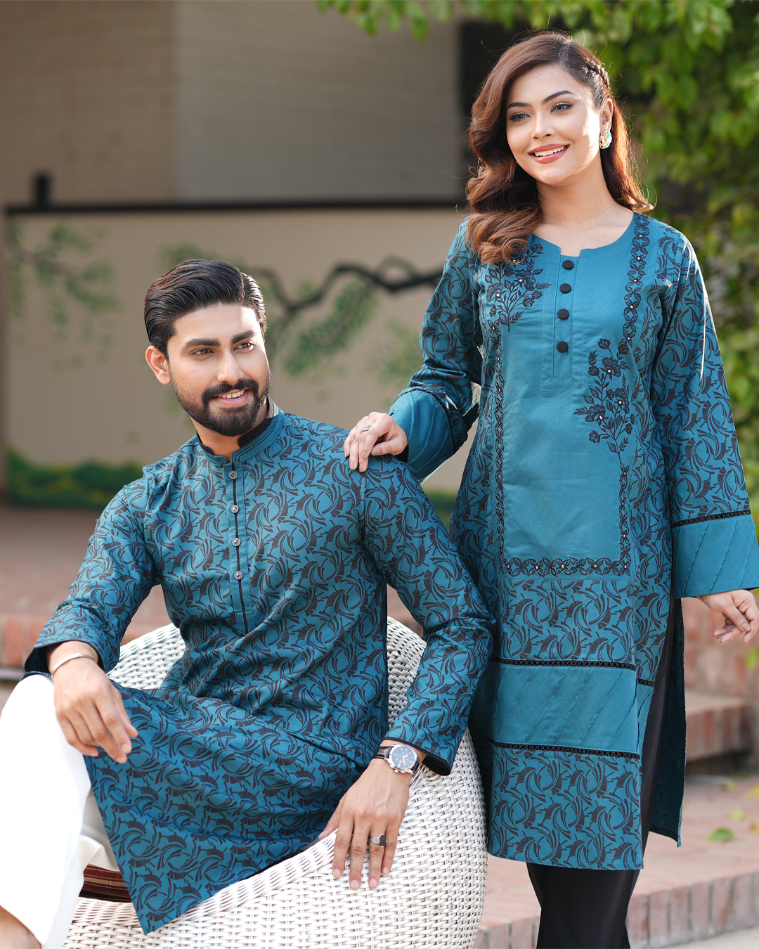 Deep Teal & Black Floral Matching Couple’s Ethnic Set – EEW-FC–2001A