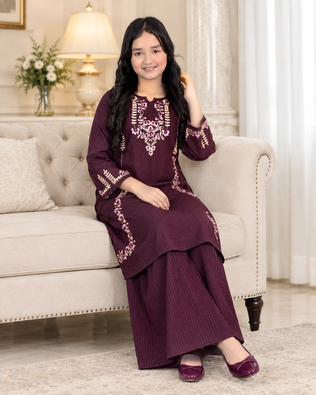 Baby girl Rich Plum Embroidered 2-Piece Kurti & Palazzo Set for Girls