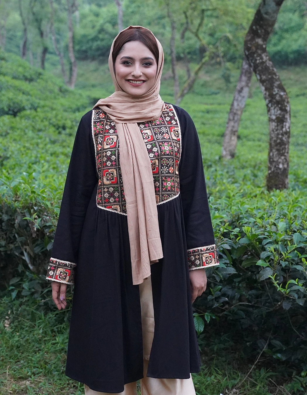 Black Multi-Color Embroidered Long Shrug (LES-1924)