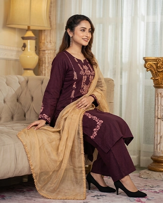 Royal Plum Embroidered Cotton Tencel 3-Piece Suit Set