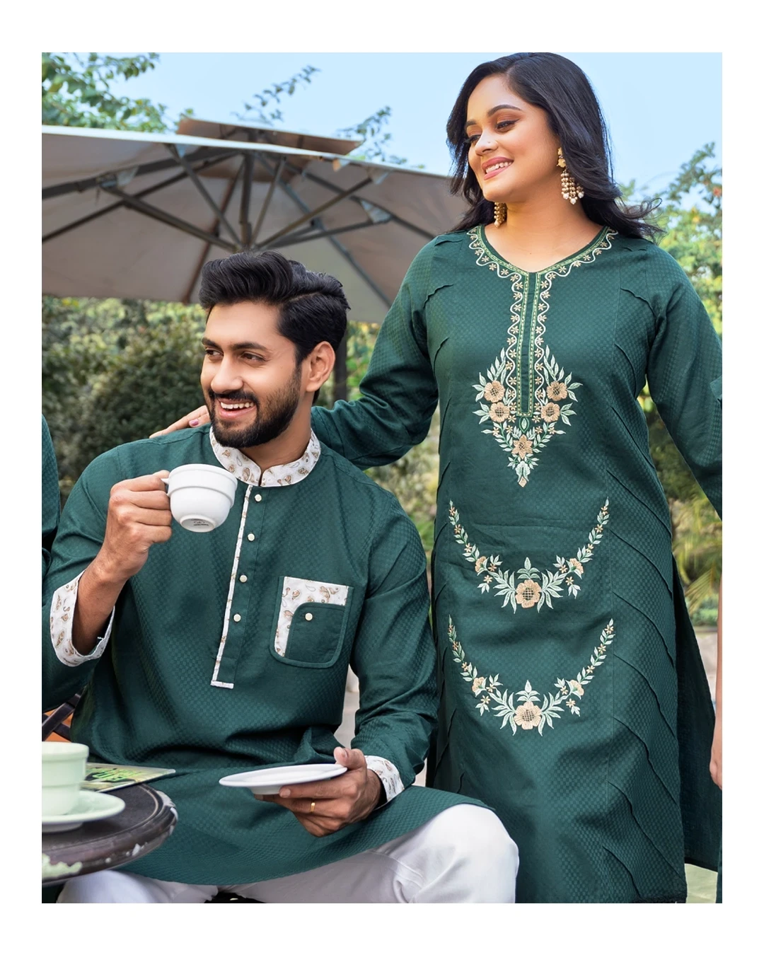 Elegant Couple Set: Cotton Tencel Embroidered Panjabi & Salwar Kameez