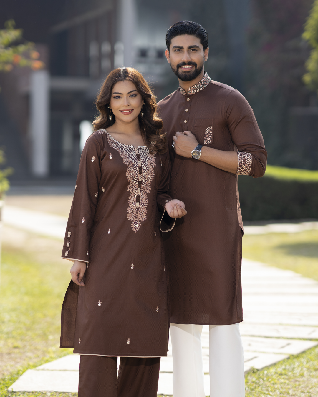 Coffee Brown Matching Couple Set with Detailed Embroidery - EEW-FC- 2004A