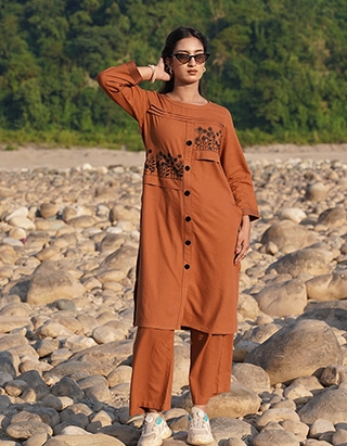 Terracotta Floral Embroidered Co-ord Set (LES-1915A)
