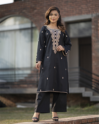 Girls' Black Jacquard Kurti with Elegant Gold Embroidery - EEW-FC- 2004B