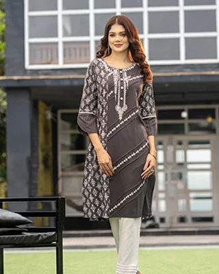 Elegant Charcoal Grey Cotton Tencel Kurti & Salwar Set for Women