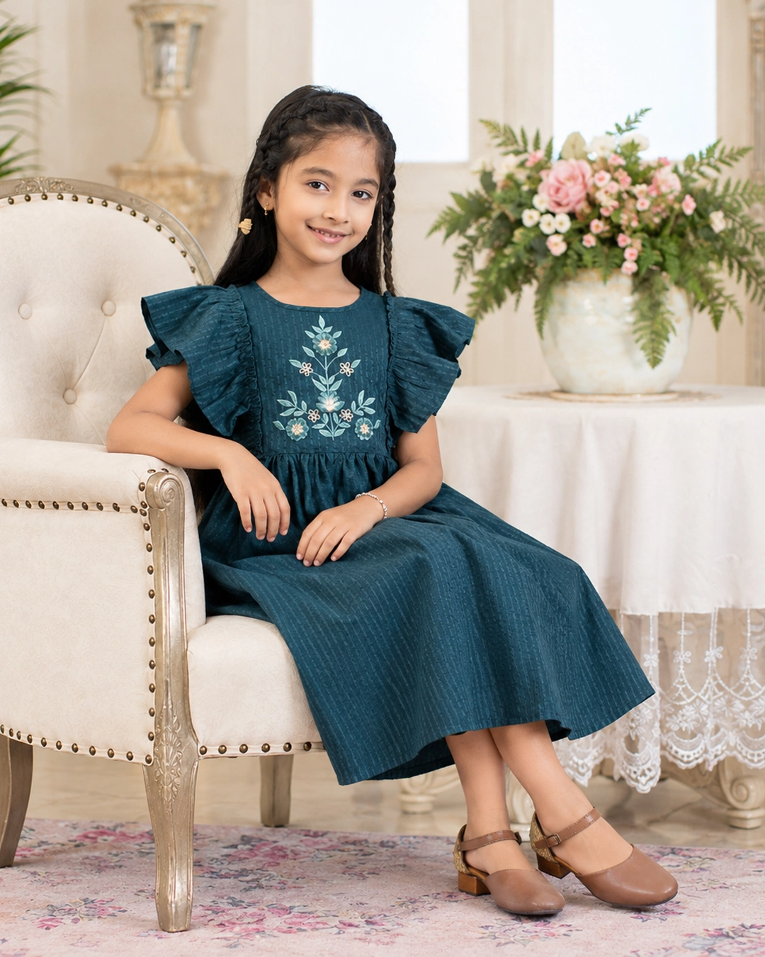 Baby Girl Teal Green Cotton Tencel Flutter Sleeve Embroidered Frock
