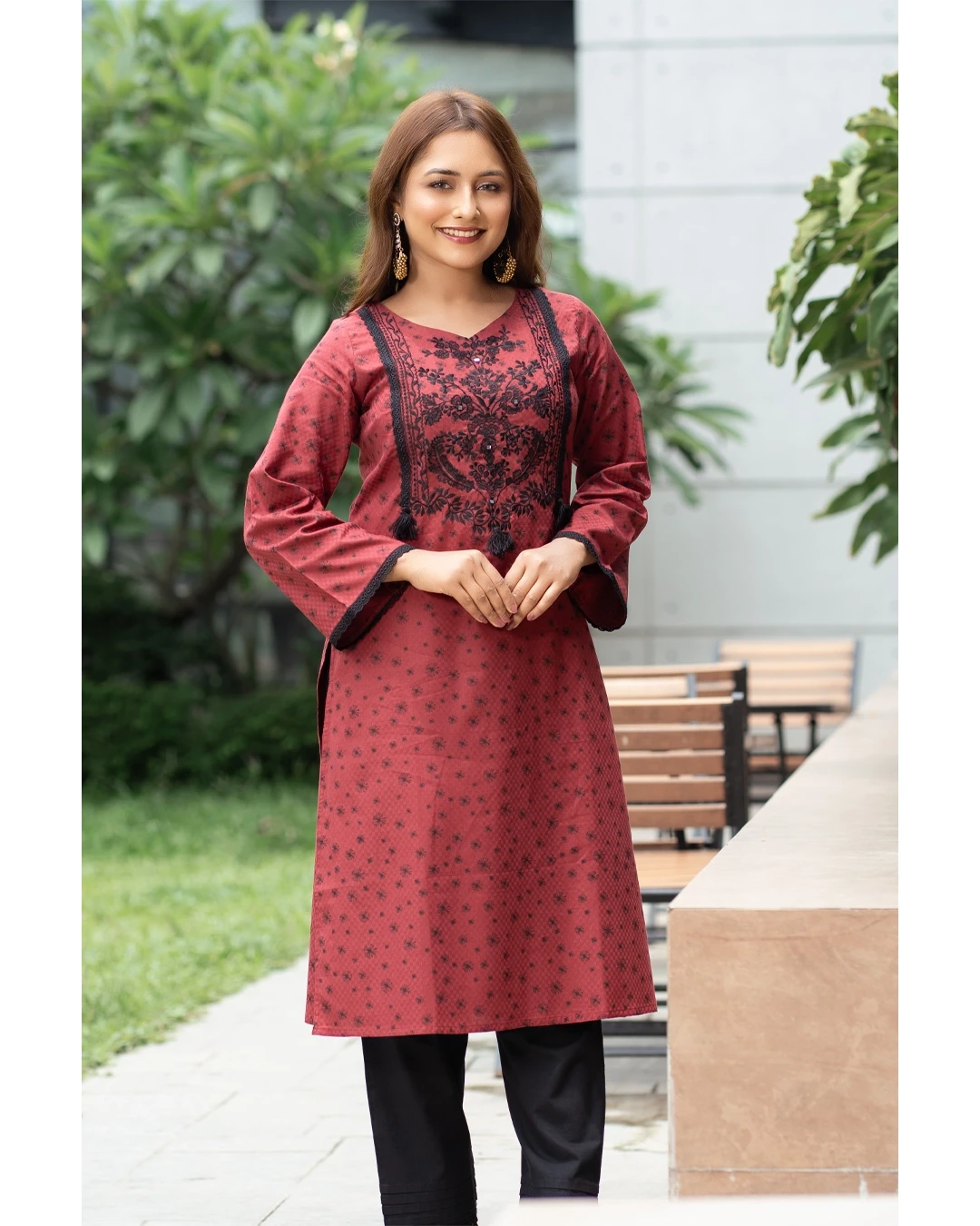 Crimson Red Cotton Two Piece Kurti Set with Black Embroidered Detailing