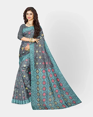 Flickere Outfit Elegant Graphite Teal Floral Half-Silk Saree