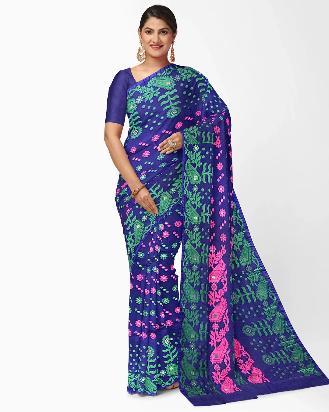 Neelanjoli Bloom – Navy Blue Printed Half Silk Saree with Green & Pink Accents