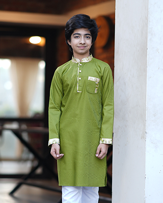 Baby Boys' Deep Olive Green Boy Panjabi with Printed Collar & Cuffs - EEW-FC- 2005