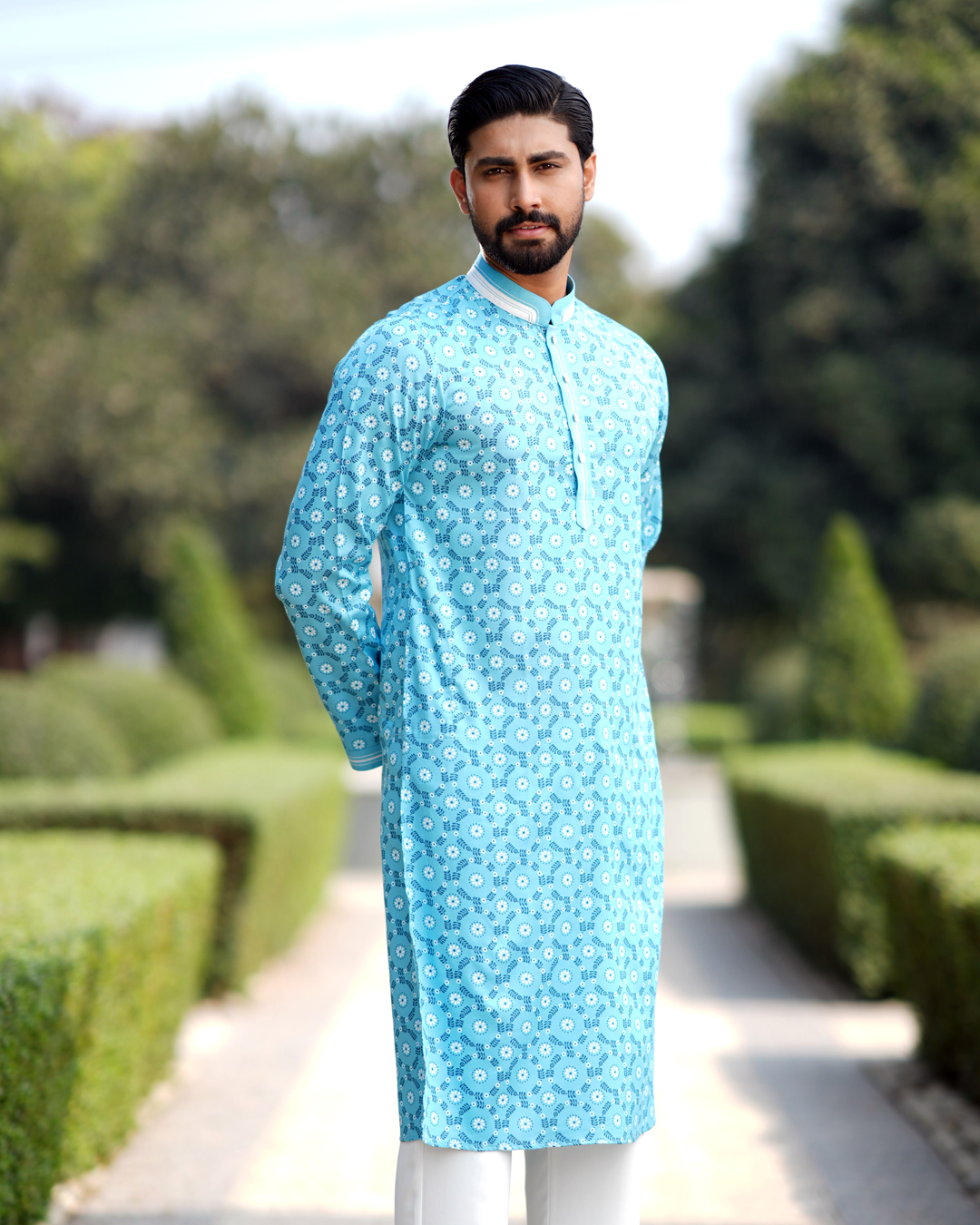 Men's Sky Blue Ethnic Panjabi with White Piping Detail - EEW-FC-202A