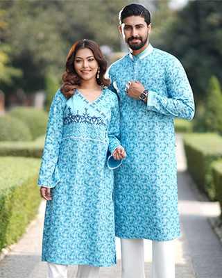 Sky Bloom Matching Couple Set - Light Blue Panjabi & Kurti - EEW-FC-2002A