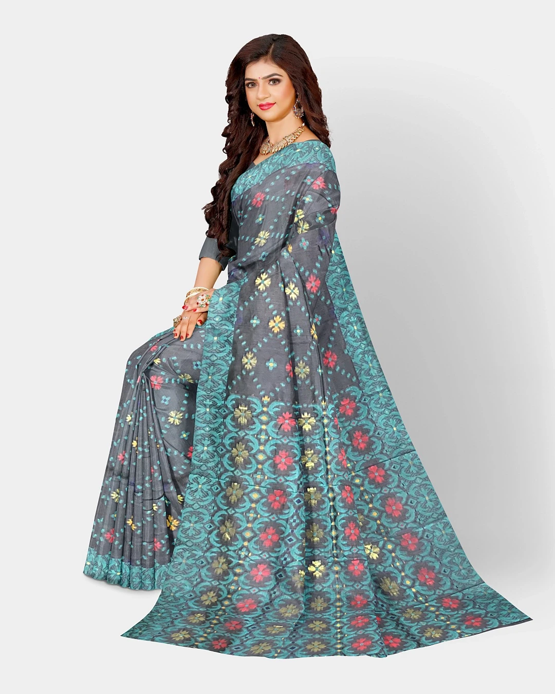 Flickere Outfit Elegant Graphite Teal Floral Half-Silk Saree