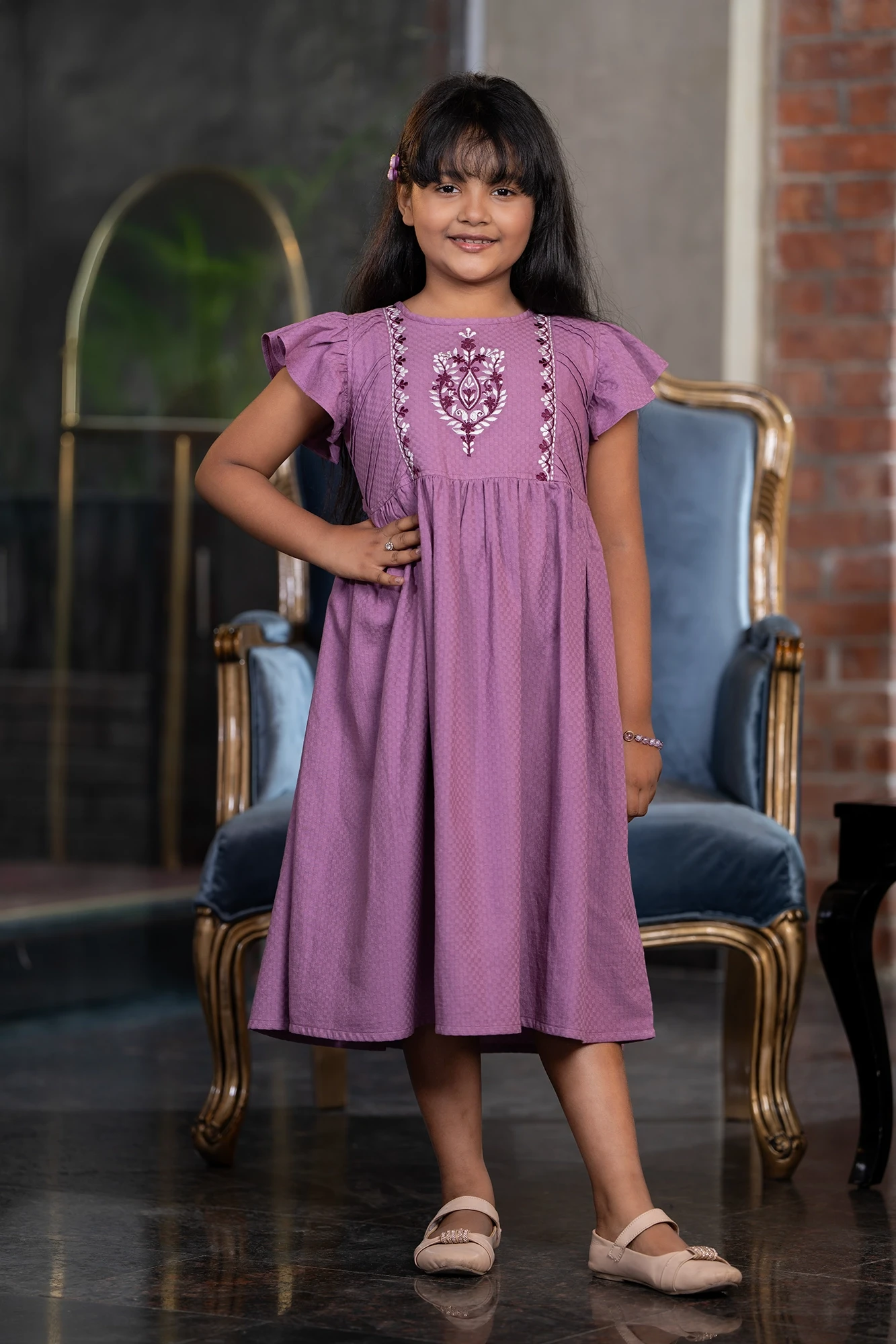 Elegant Antique Fuchsia  Color Girls' Embroidered Frock – Festive & Stylish