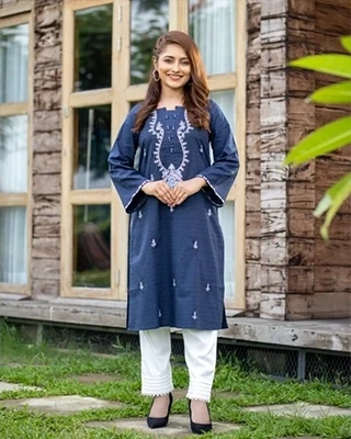 Navy Blue Cotton Embroidered Two Piece Kurti Set