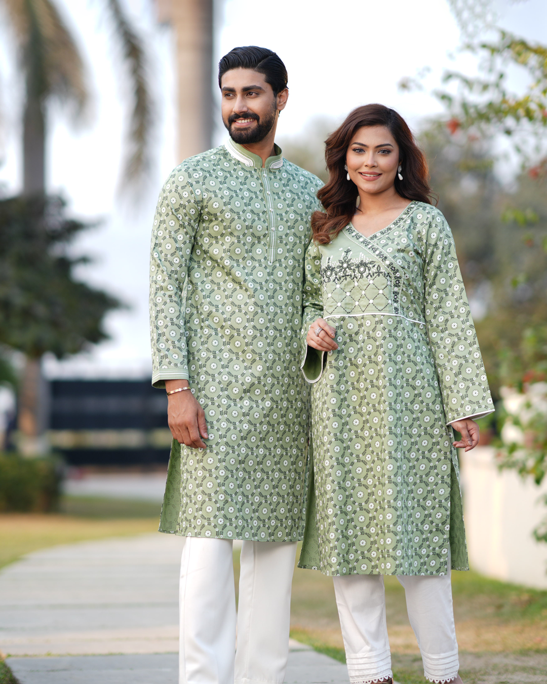 Sage Green Ethnic Couple Set: Embroidered Kurti & Printed Panjabi-EEW-FC–2002B