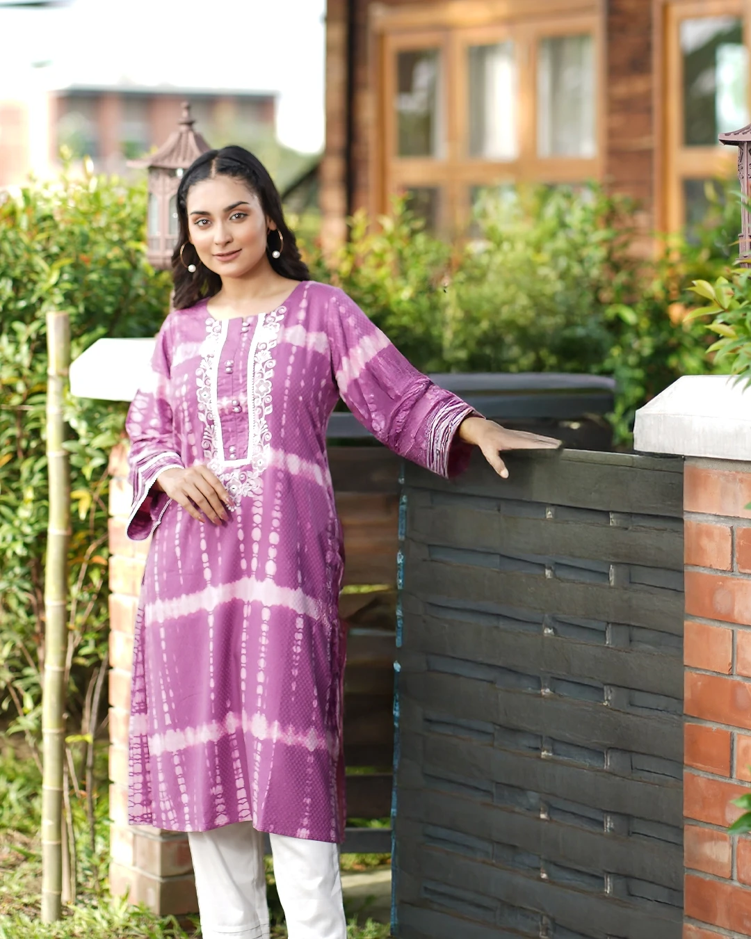 Purple Tie-Dye Cotton Embroidered Two Piece Kurti with White Pant – East End Wear by Flickere Outfit