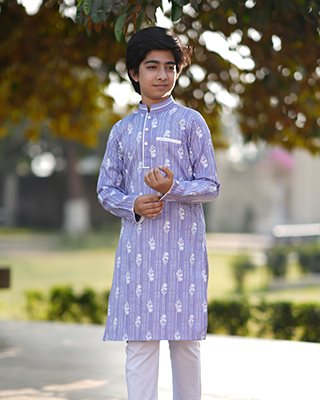 Baby Boys' Lavender Blue Printed Panjabi with White Piping -EEW-FC-2003B