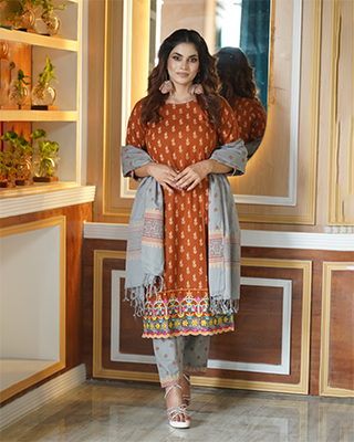 Rust Orange Embroidered 3 Piece Cotton Suit Set for Women | Flickere Outfit