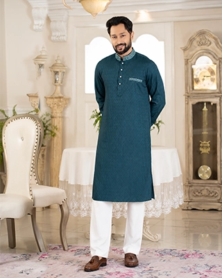 Alizeh Teal Green Cotton Tencel Embroidered Men's Panjabi Set
