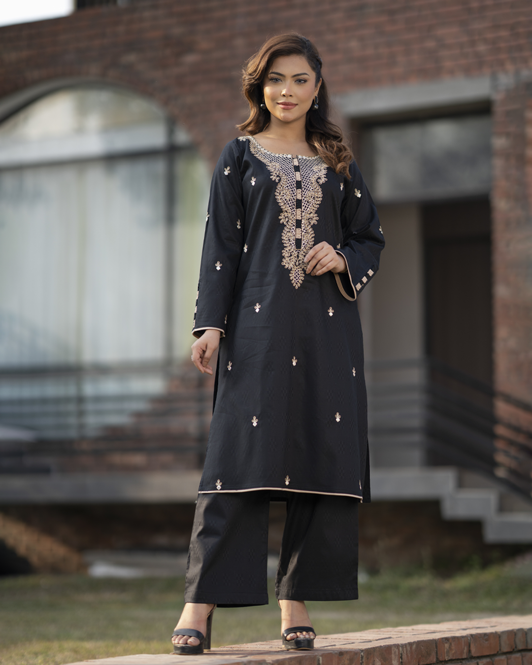 Girls' Black Jacquard Kurti with Elegant Gold Embroidery - EEW-FC- 2004B