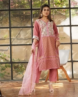 Pink Maroon Silk Embroidered 3-Piece Suit with Sequins & Net Dupatta