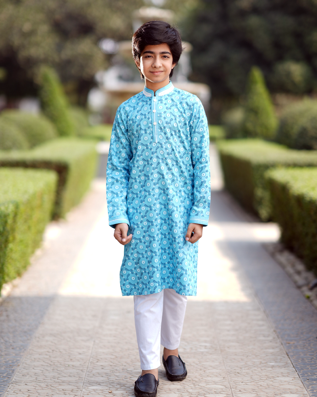 Boy's Sky Blue Ethnic Panjabi with White Piping Detail -  EEW-FC–2002A