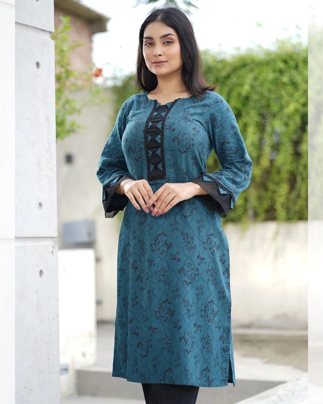 Teal Blue Floral Cotton Two-Piece Kurti for Women – Summer Casual & Office Wear