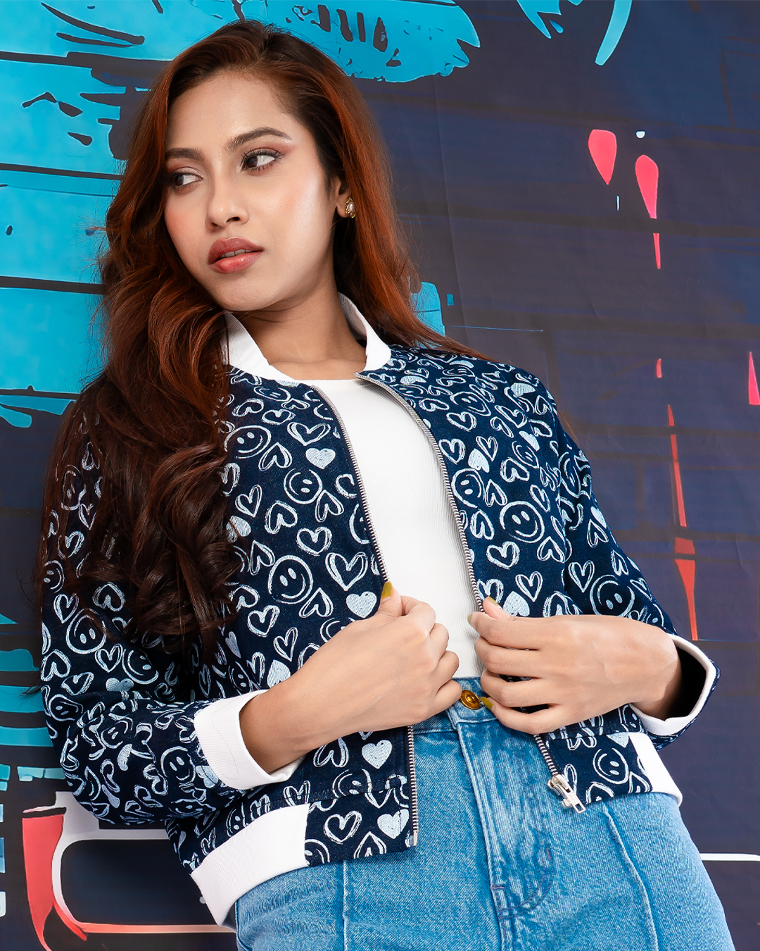 Women's Doodle Print Bomber Jacket- LWJ-708