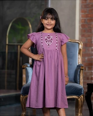 Elegant Antique Fuchsia  Color Girls' Embroidered Frock – Festive & Stylish