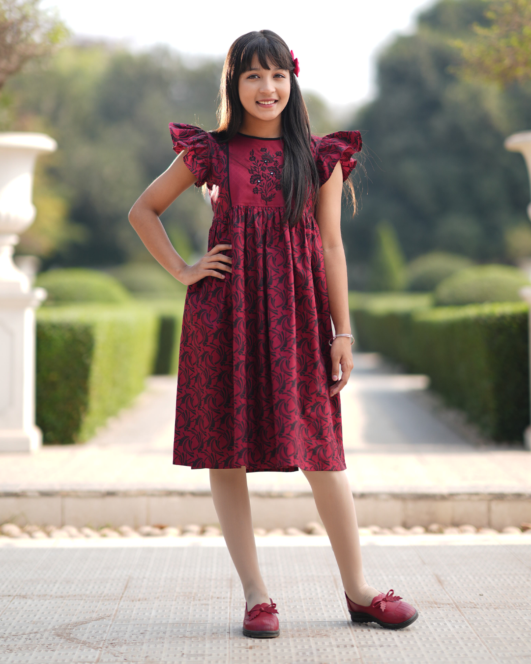 Girl's Deep Red Floral Print Frock - EEW-FC–2001B