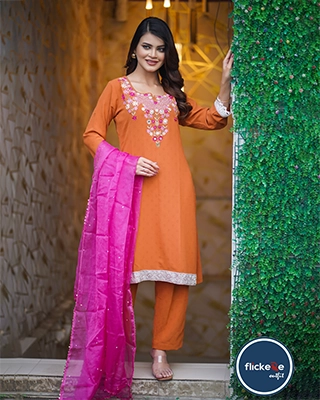 Embroidered Rust Three-Piece Set with Contrast Pink Dupatta-FLK-04