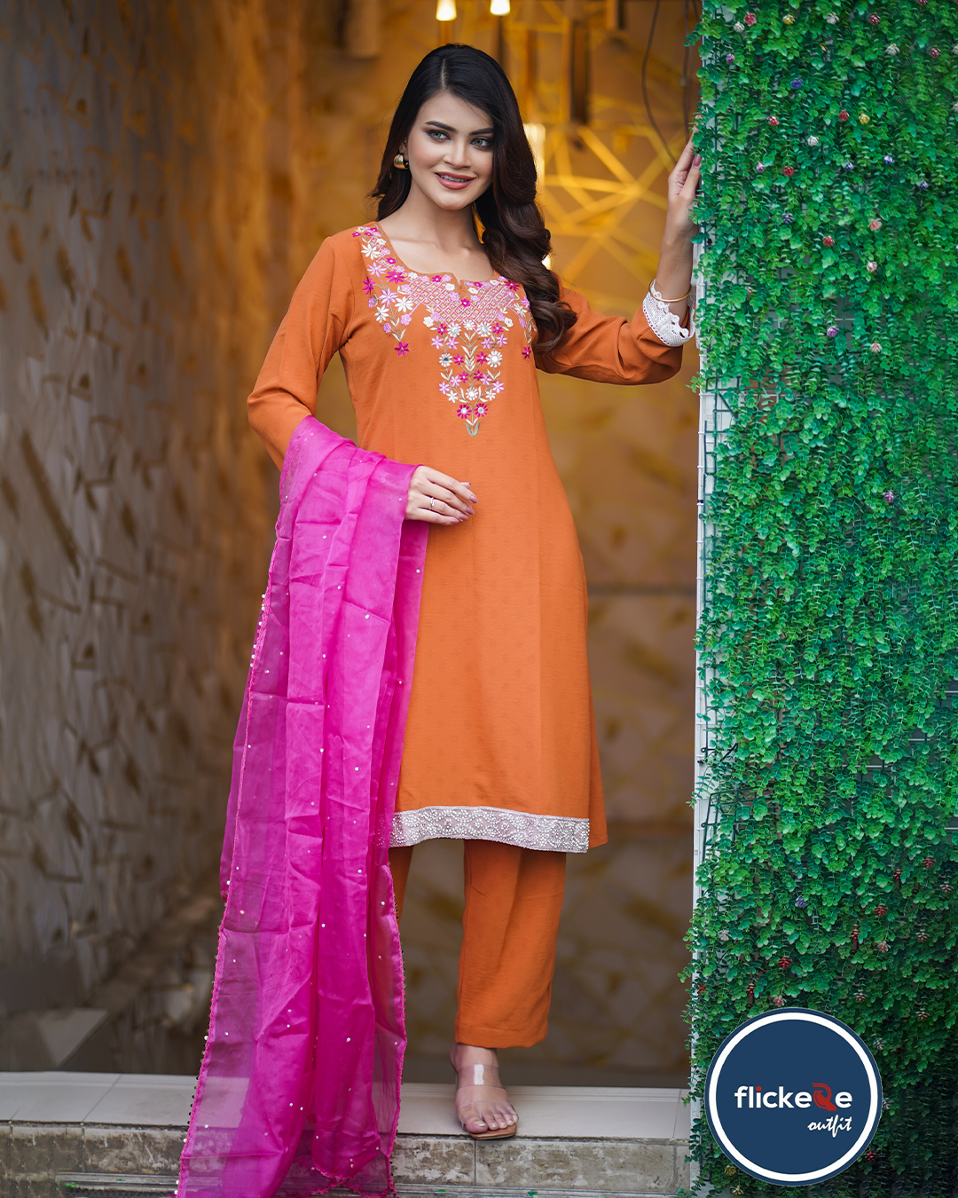 Embroidered Rust Three-Piece Set with Contrast Pink Dupatta-FLK-04