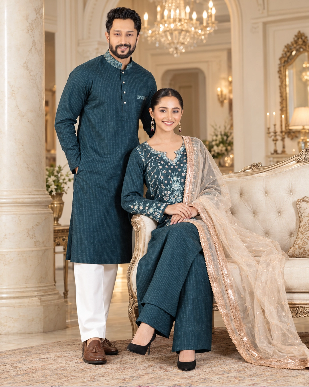 Festive Embroidered Couple Set in Teal Green | Flickere -1301